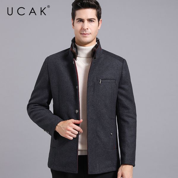 

ucak brand jackets men clothes 2020 new winter arrival solid color casual wool coat streetwear fur collar jacket colthing u8112, Black