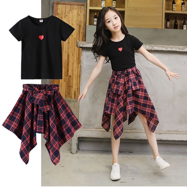 

casual girls set new summer kids clothes outfits fashion plaid cute girl skirts + t-shirt 2 pcs clothes set 6 8 10 12 years, White