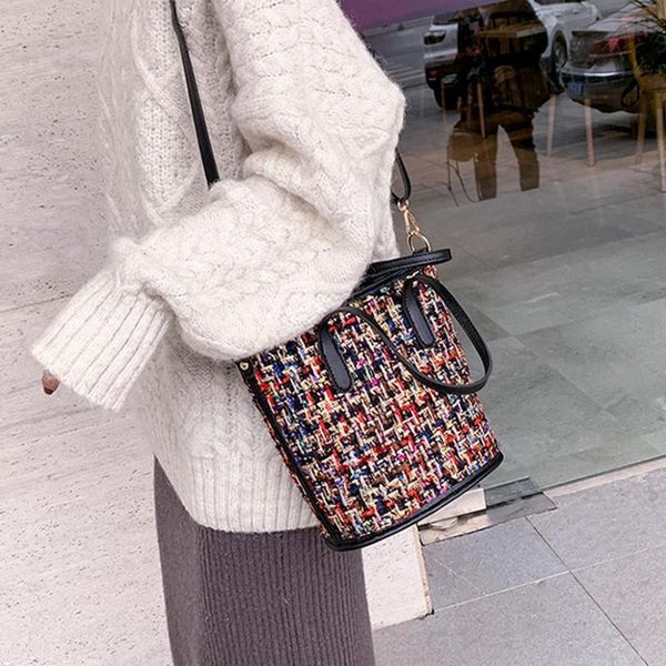

2020 new fashion wide bucket messenger handle bags women woolen purse casual shoulder crossbody handbag