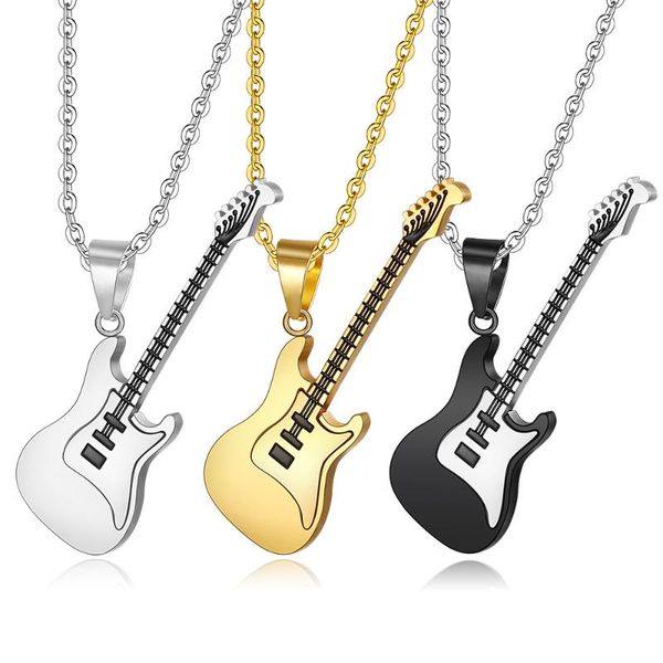 

new 1 pc gold black fashion men women stainless steel rock music guitar pendant jewelry chain necklace colgante bijoux, Silver