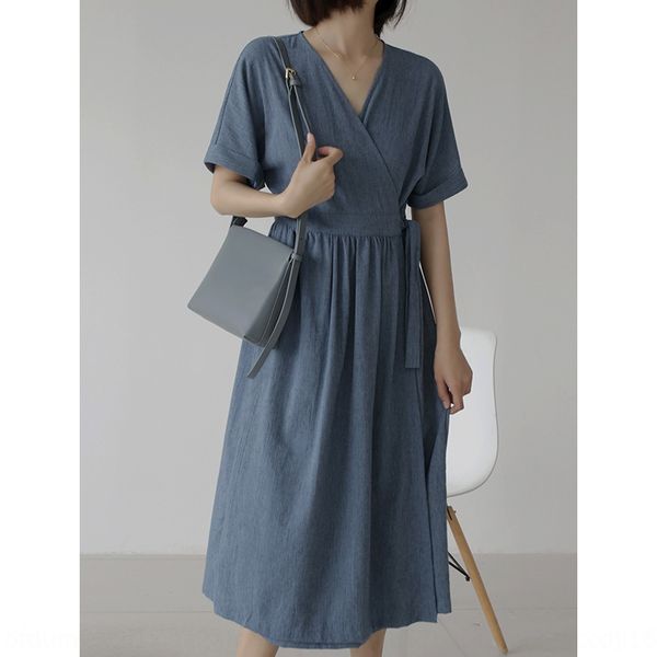 

2020 summer women's v-neck lace-up short-sleeved cotton and linen fashionable bathrobe dress bathrobe dress tea, Black;gray