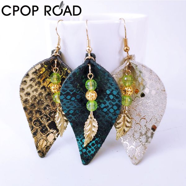 

cpop fashion glitter cowhide leather earring for women gold color leaf beads pendant dangle earring jewelry accessories, Silver