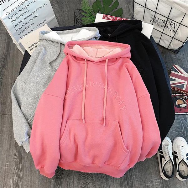 

hoodies women hooded letter simple all match leisure oversize pullovers korean style warm kawaii womens loose trendy clothing, Black
