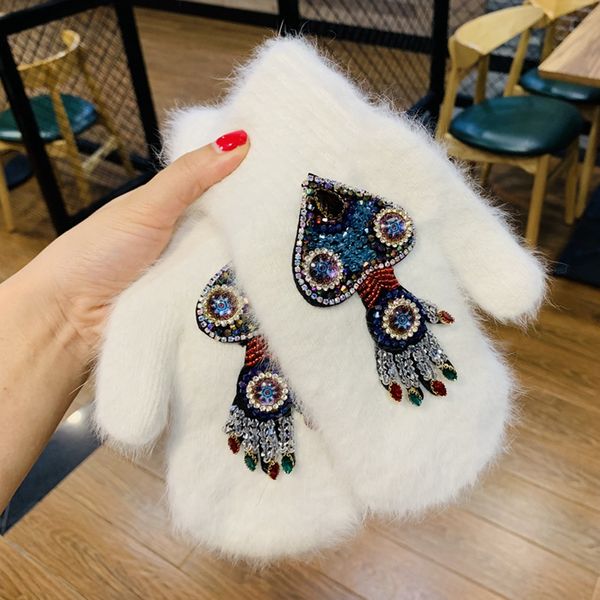 

five fingers gloves warm women winter crystal ocs fur brand for female double full finger mittens christmas gifts, Blue;gray
