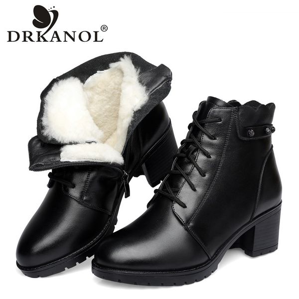 

drkanol 2020 natural wool winter warm women snow boots genuine leather ankle boots women waterproof shoes thick high heels boots 200916, Black