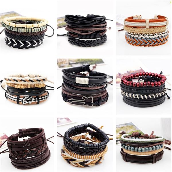 

charm bracelets 3,4,5pcs/set series boho gypsy hippie punk beige cord wrap black brown leather wooden beads layers stack sets for man, Golden;silver