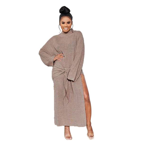 

soild color womens dresses split designer womens loose dresses fashion bandage sashes womens crew neck clothing, Black;gray