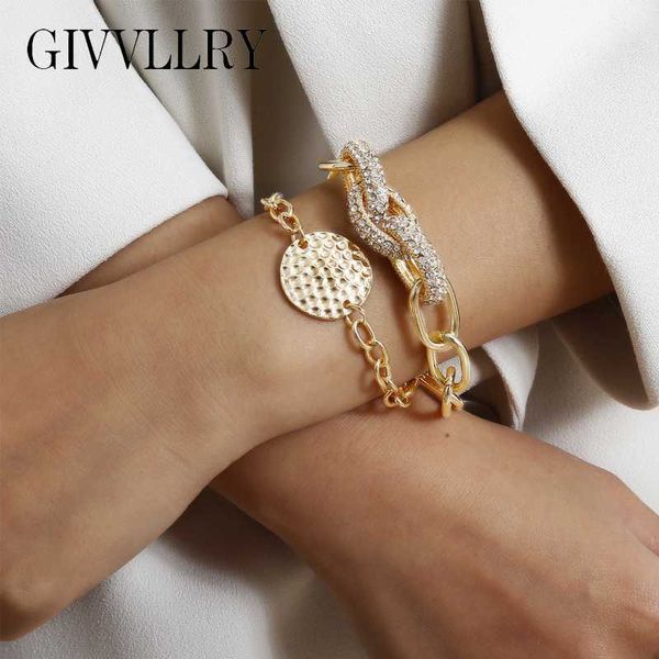 

2 pcs/set luxury crystal curb chain bracelets for women new design chunky chains geometric round charm bracelet bangles jewelry, Black