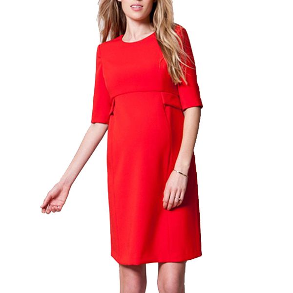 

fashion summer tencel pregnancy dresses o-neck knee length straight maternity dress elegant formal red black business clothes, White