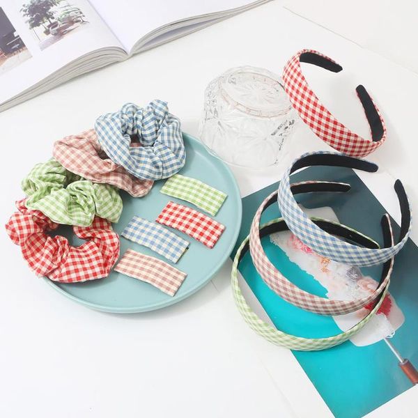 

hair accessories 1 set/3 pcs plaid fabric hairband elastic hoop ring clip hairpins headband for women headwear