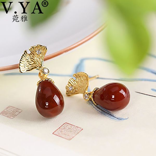

other v.ya 925 steriling silver ginkgo biloba leaf fan shaped drop earrings red agate beads charming jewelry for women, Golden;silver