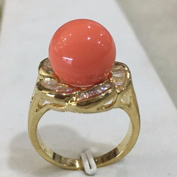 

r010 new trend lady's 18kgp inlay crystal flower shape 12mm orange shell pearl fashion ring size 6/7/8/9/10, Golden;silver