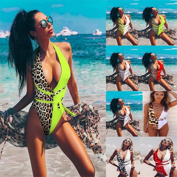 

one piece bikini lace up front swimwear leopard panelled halter swimsuits deep v neck backless, White;black