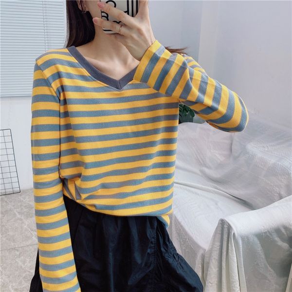

m50 korean style new long-sleeved t- t- women's v-neck striped fashion korean style base shirt early autumn slim fit shirt b81l4 b81, Black