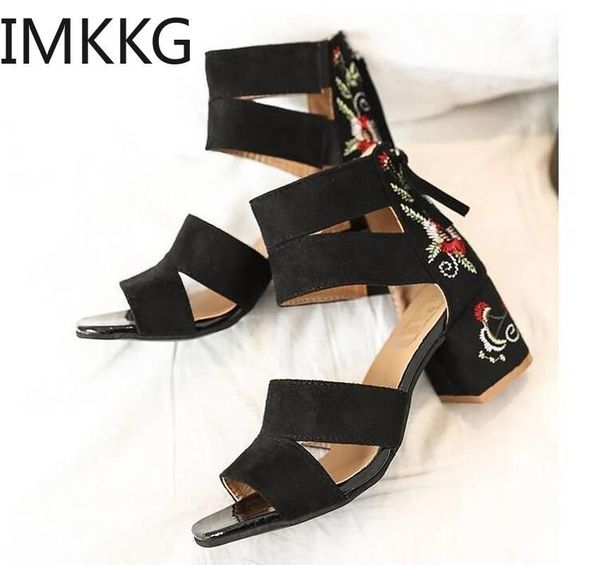 

roman style european and american embroidered thick-heeled cool boots women's shoes with sandals square heel sandals, Black