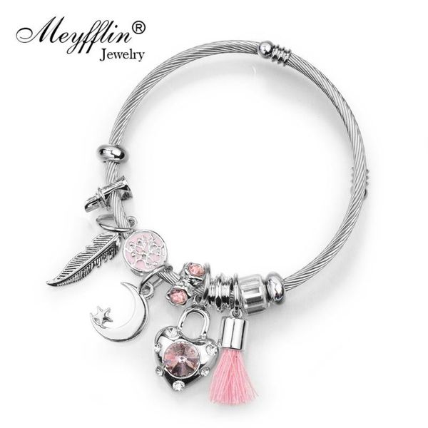 

meyfflin fashion silver color charm bracelet & bangle with cotton tassel crystal bead heart bracelets for women party jewelry, Black