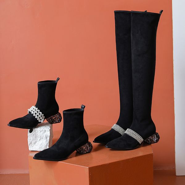 

high boots women's riding boots flock crystal string bead beautyful stretch over the knee bottes femme size42, Black