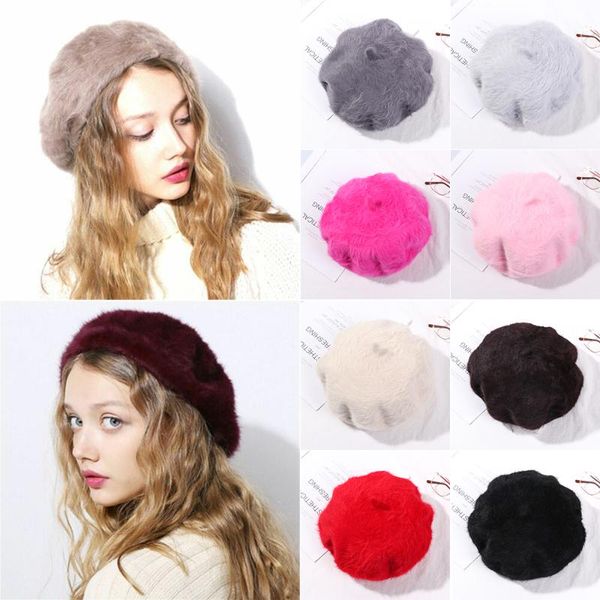 

women winter fashion elegant beret hat soft faux fur beret thicken warm french flat cap girls graceful artist painter cap, Blue;gray