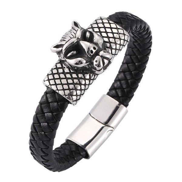 

charm bracelets vintage animal head men's black woven leather bracelet stainless steel magnetic buckle fashion 7-sp0282, Golden;silver