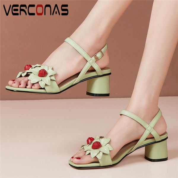 

verconas women flowers elegant thick heel sandals square toe party pumps high heels genuine leather shoes woman, Black