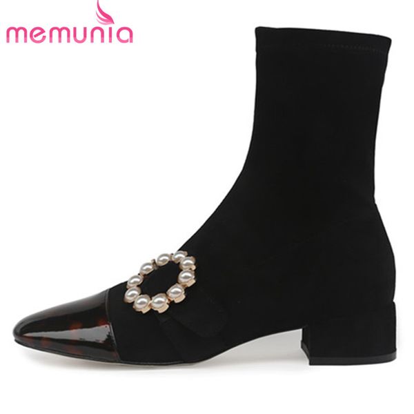 

memunia 2020 ankle boots women leopard patent leather pearl stretch boots comfortable fashion casual shoes woman, Black