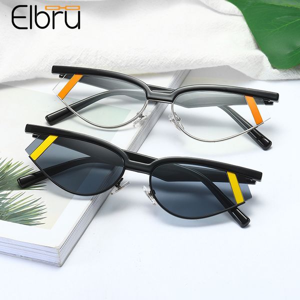 

elbru personalized cat eye harf-frame flat glasses classic metal eyewear high definition lens spectacles plain glasses unisex, Black