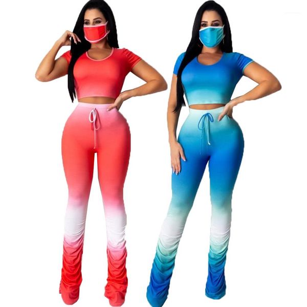 

womens 2pcs summer o-neck short sleeve trousers sell women designer two piece sets gradient stacked pants, White