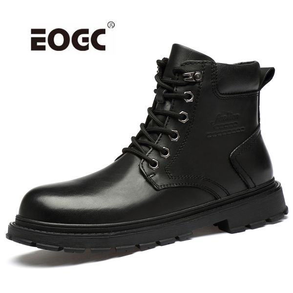 

boots genuine leather outdoor men handmade quality ankle snow waterproof warm plush autumn winter shoes, Black