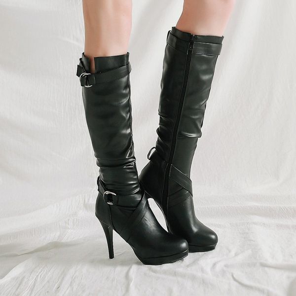

women boots over knee brand women's shoes booties woman 2020 high heels zipper platform winter footwear round toe, Black