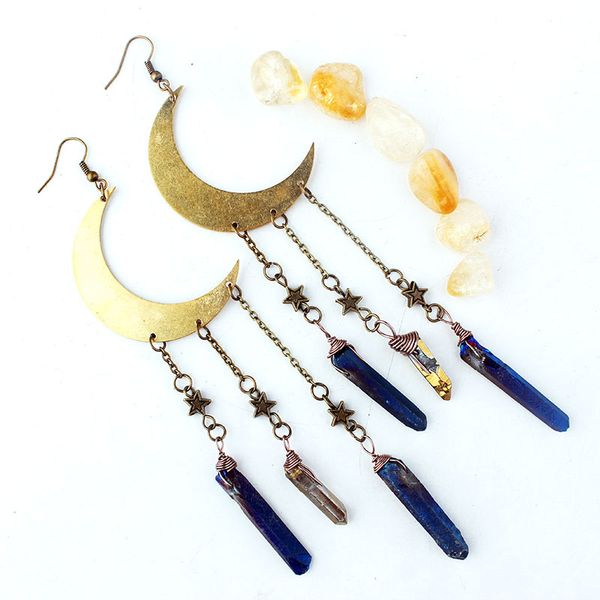 

dangle & chandelier fashion gypsy bohemian natural stone drop crescent star moon earrings for women statement long big jewelry female aretes, Silver