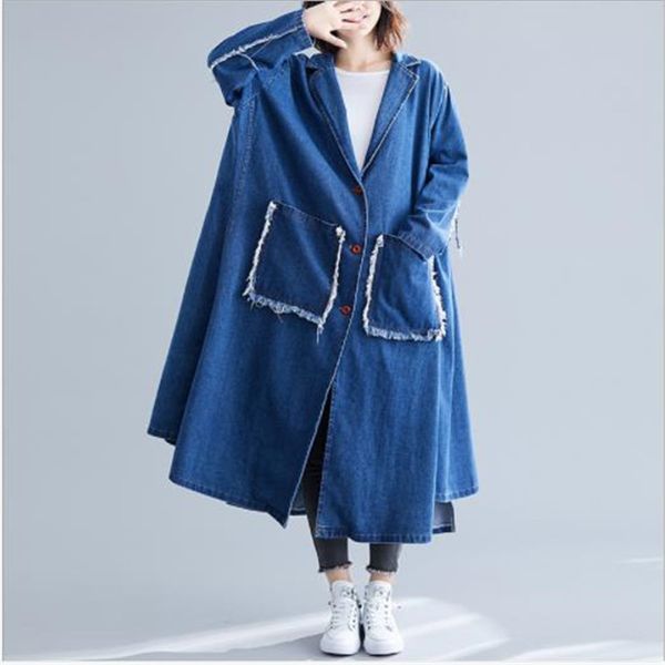 

vintage wash denim пальто женщины весна осень medium-long пальто lady oversize2020fashion windbreak шинель большой карманы h284, Tan;black