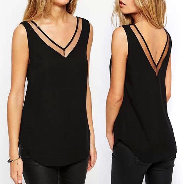 

female size 2020 blouse neck mesh s-3xl casual black white sleeveless shirts v summer fashion vest plus new chiffon svwfs