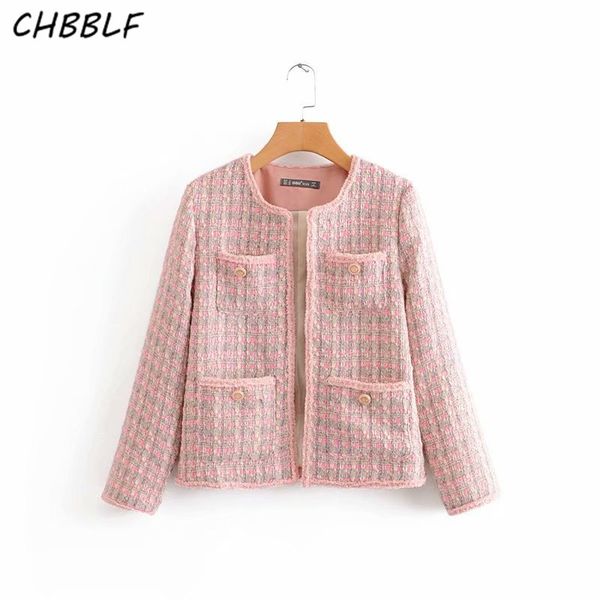 

chbblf women elegant stylish pink jackets round collar long sleeve pockets design tweed female loose outwear njn1991, Black;brown