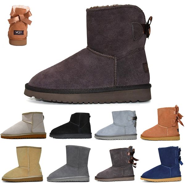 

fashion women winter leather short bowtie snow boots ribbons classic mini women boots kneel half ankle chestnut black grey womens shoes