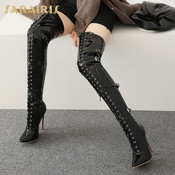 

sarairis 2020 plus size 48 thin heels over the knee boots woman pointed toe zipper fashion spring boots female, Black