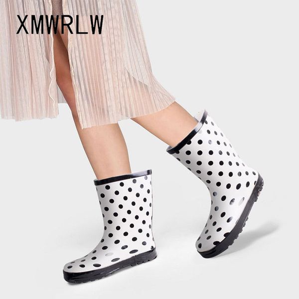 

xmwrlw женской высокого дождь сапоги резиновой водонепроницаемый дождь обувь для женщин сапог резиновых подошв женской загрузочных мод горош, Black
