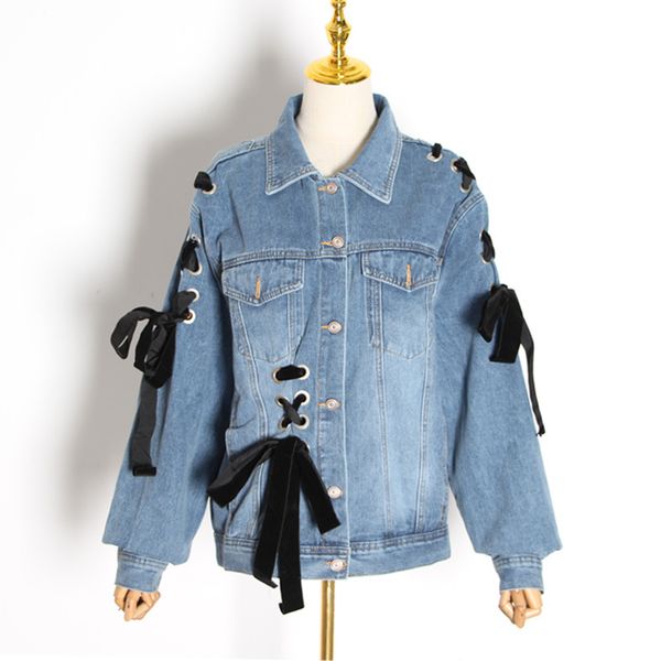 

women's jackets jeans coat 2021 spring european and american style cross strap loose bow long-sleeved upper garment, Black;brown
