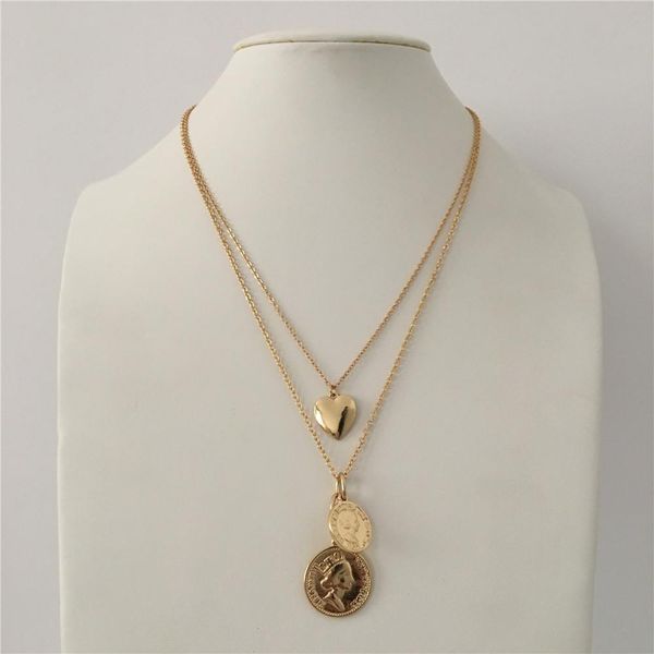 

trendy gold color two coin medallion heart pendant layered necklace for women girl, Silver