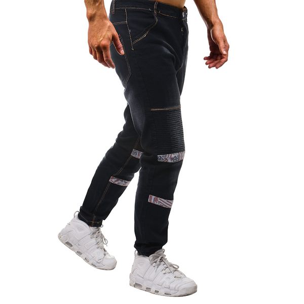 

men casual jeans fashion washed distressed knee pleated floral patchwork straight slim jeans men denim pants trousers, Blue