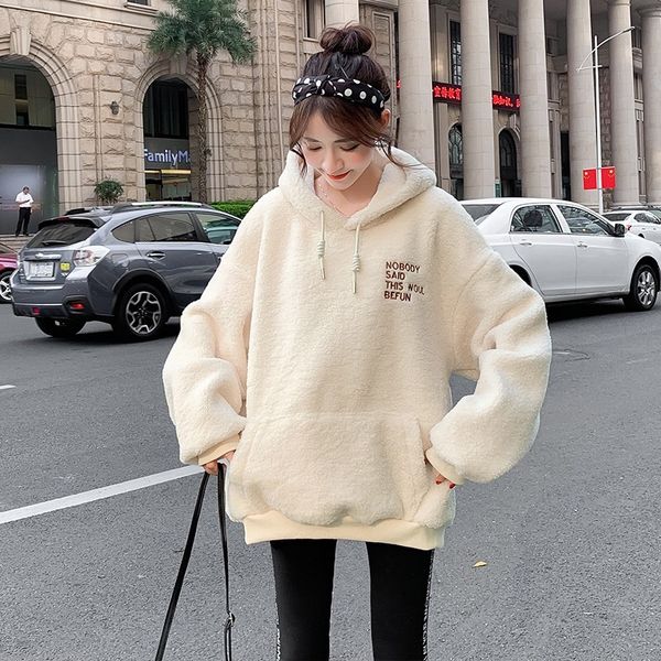 

2020 new plus velvet hoodies women thickened lamb hooded sweatshirts autumn winter pink harajuku srtyle pocket fleece pullover, Black