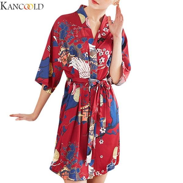 

kancoold chinese style fashion loose soft comfortable night robe women belt bathrobe women's sleep sleepwear new arrival, Black;red