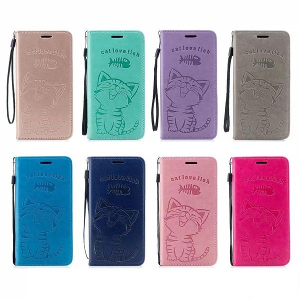 

cat love fish leather wallet case for iphone 11 xr xs max x 8 7 6 se 5 galaxy s20 ultra eat suck magnetic closure card slot cute flip cover