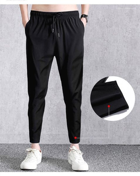 

mens quick drying sweatpants loose solid color designer stretch pants homme casual lace up cropped pants, Black