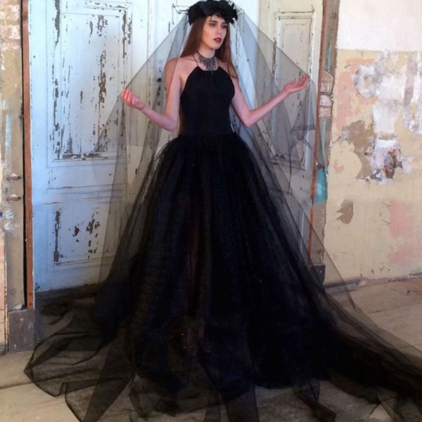 

backless black tulle wedding dresses long 2020 vintage gothic garden bridal gowns simple bride dress plus size robe de mariage, White