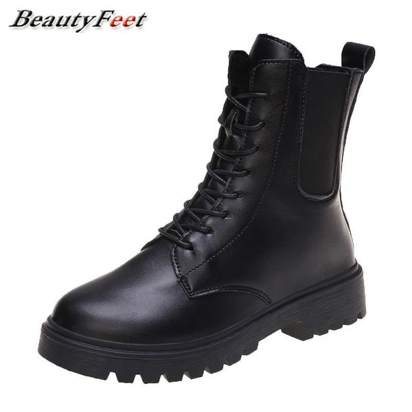 

mid heels leather boots thick bottom round toe ankle boots for women shoes woman lace up winter botas mujer plus size, Black