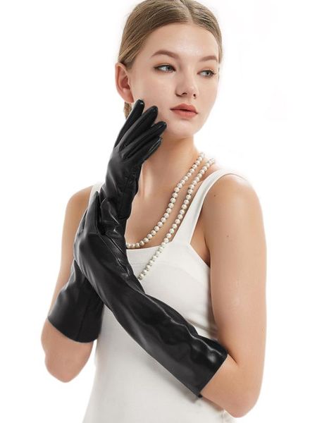 

40cm(15.75") long fashion real sheep leather elbow evening long gloves, Blue;gray