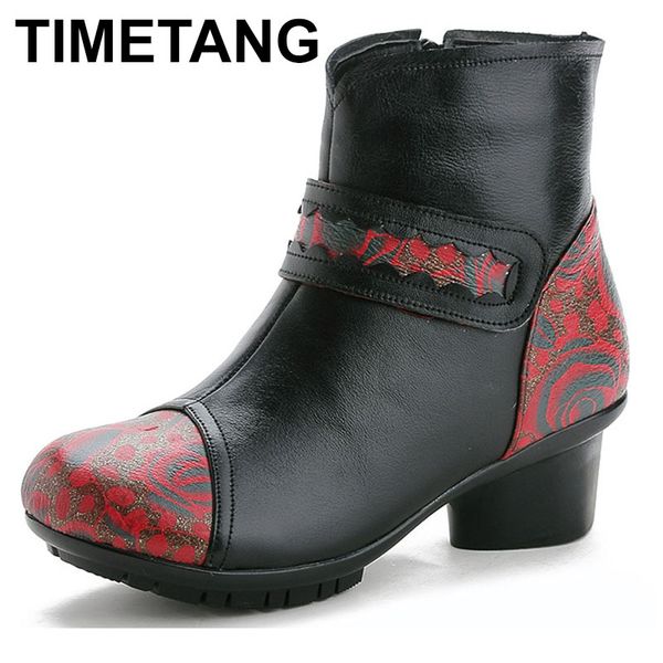 

timetang big size 35-41 genuine leather warm fur snow boots women winter shoes fashion printing women thick heel ankle bootse850, Black