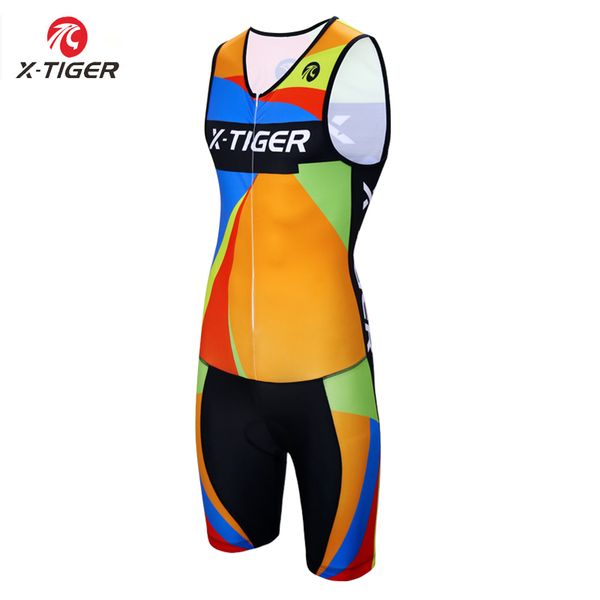 

x-tiger men triathlon sleeveless cycling jersey sponge pad cycling skinsuit quick-dry running swimming racing bike wear clothes, Black;red