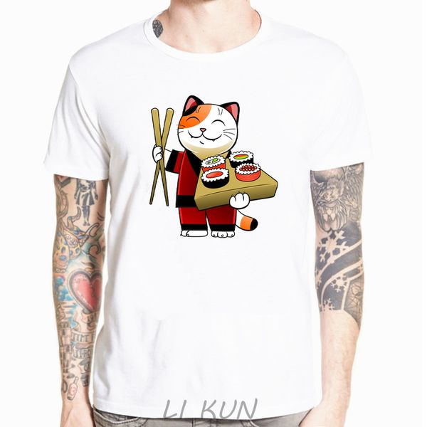 

brand new t shirt men casual neko sushi wave t-shirts short sleeves japan retrowave feline cat graphic tees summer merchandise
