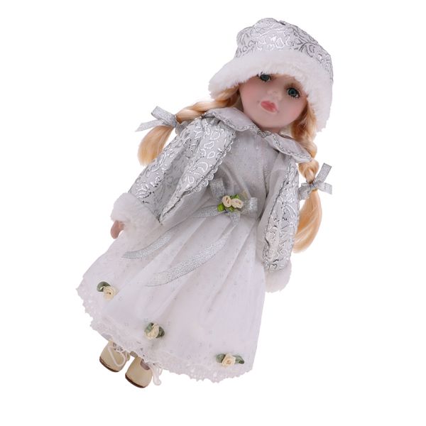 

30cm vintage porcelain braided girl doll people figures with white dress hat